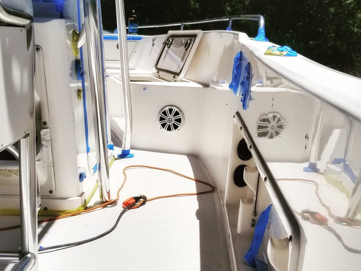 Boat interior gelcoat wetsand restoration in St. Petersburg