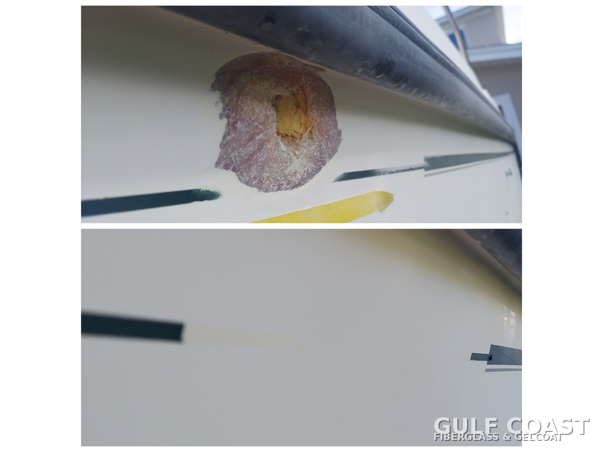Boat hull-side impact fiberglass repair before and after in St. Petersburg