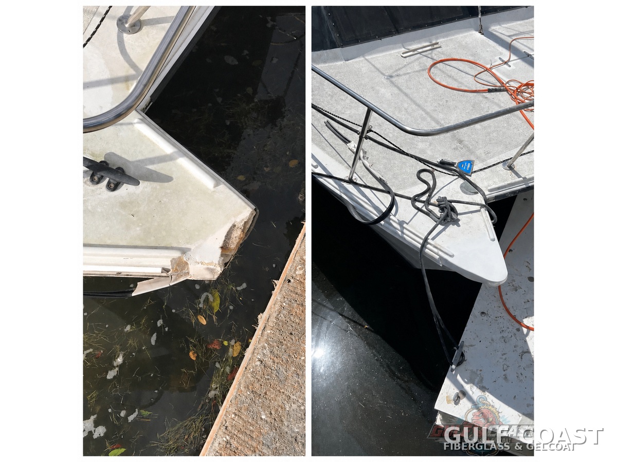 Catamaran bow collision fiberglass repair before and after in St. Petersburg