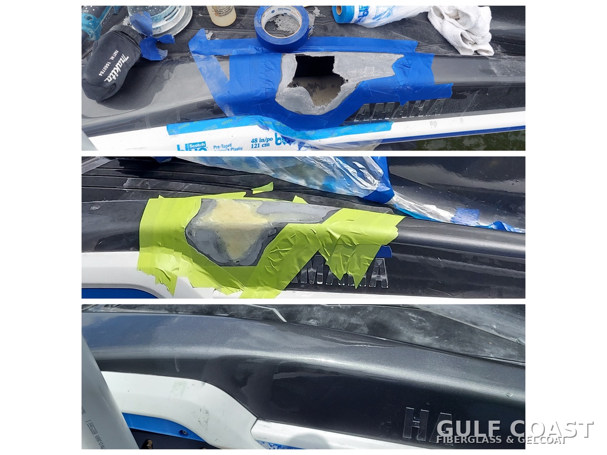 Yamaha jet boat gunwale fiberglass repair before and after in Tampa Bay