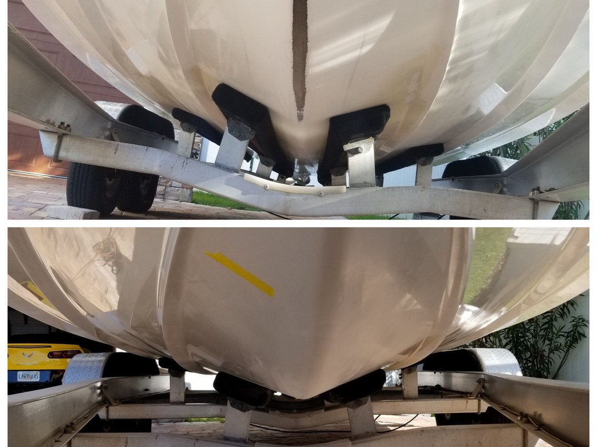 Boat keel fiberglass and gelcoat repair before and after in St. Petersburg