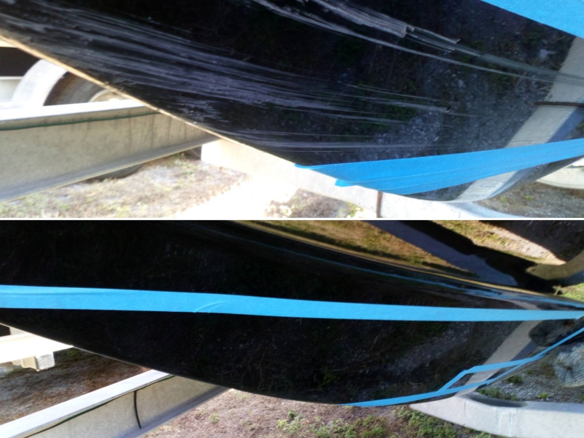 Black boat keel rash gelcoat repair before and after in St. Petersburg