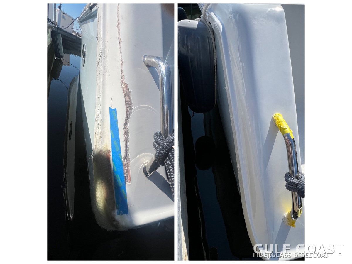 Boat stern corner and gunnel fiberglass repair before and after in St. Petersburg