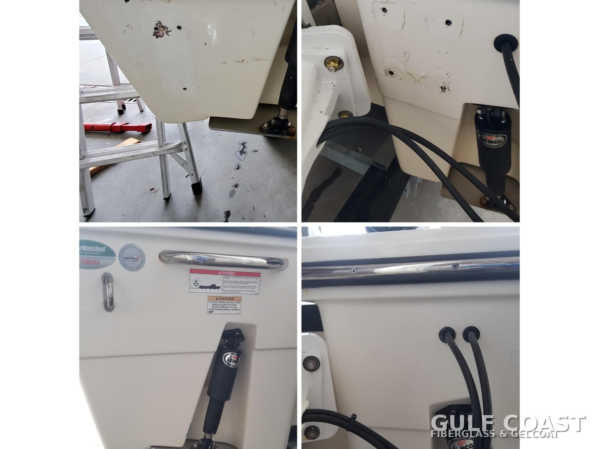 Boat transom mounting holes filled and gelcoat color matched in Tampa Bay