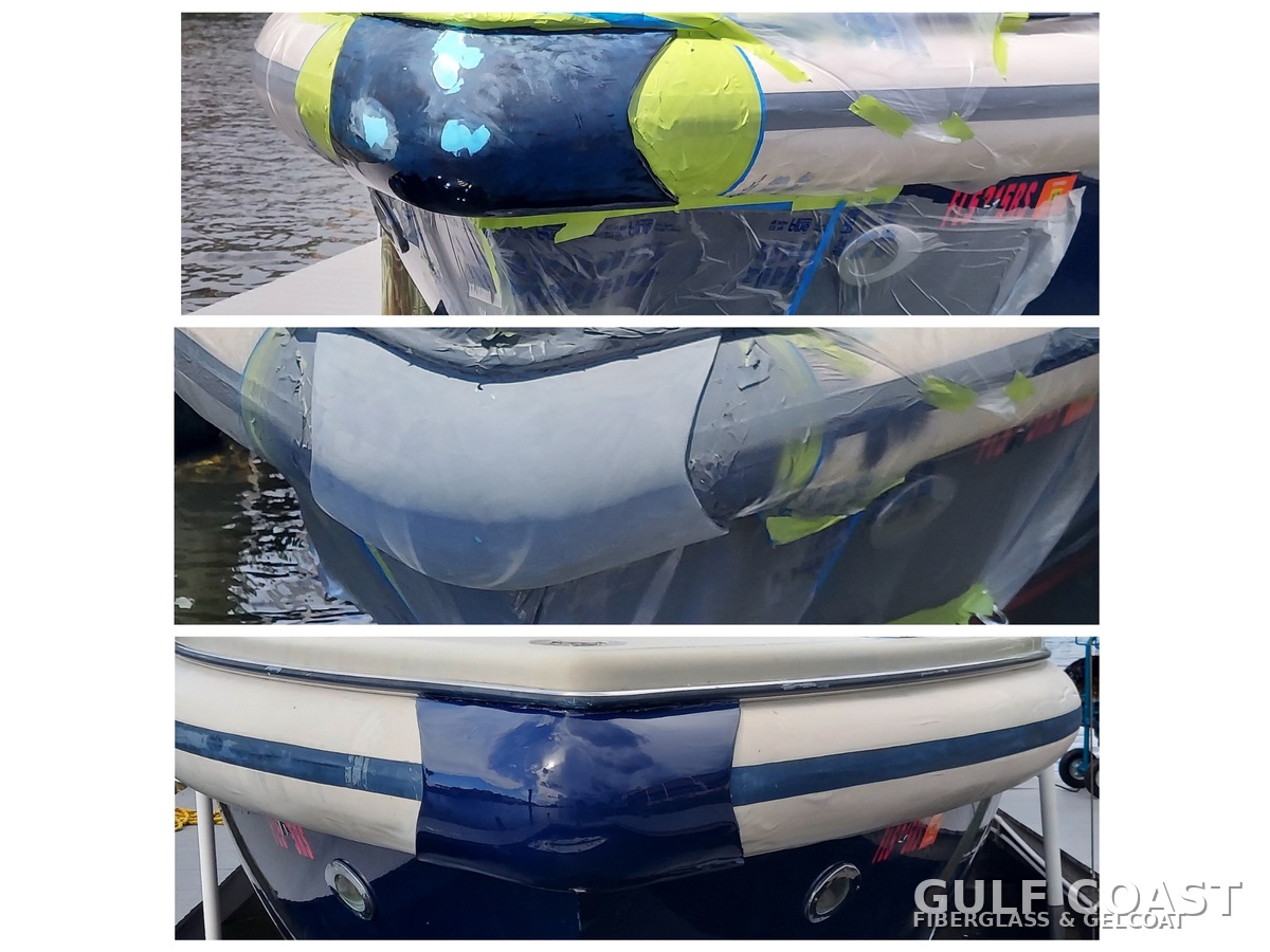 Yacht tender bow fiberglass and dark gelcoat repair in Tampa Bay