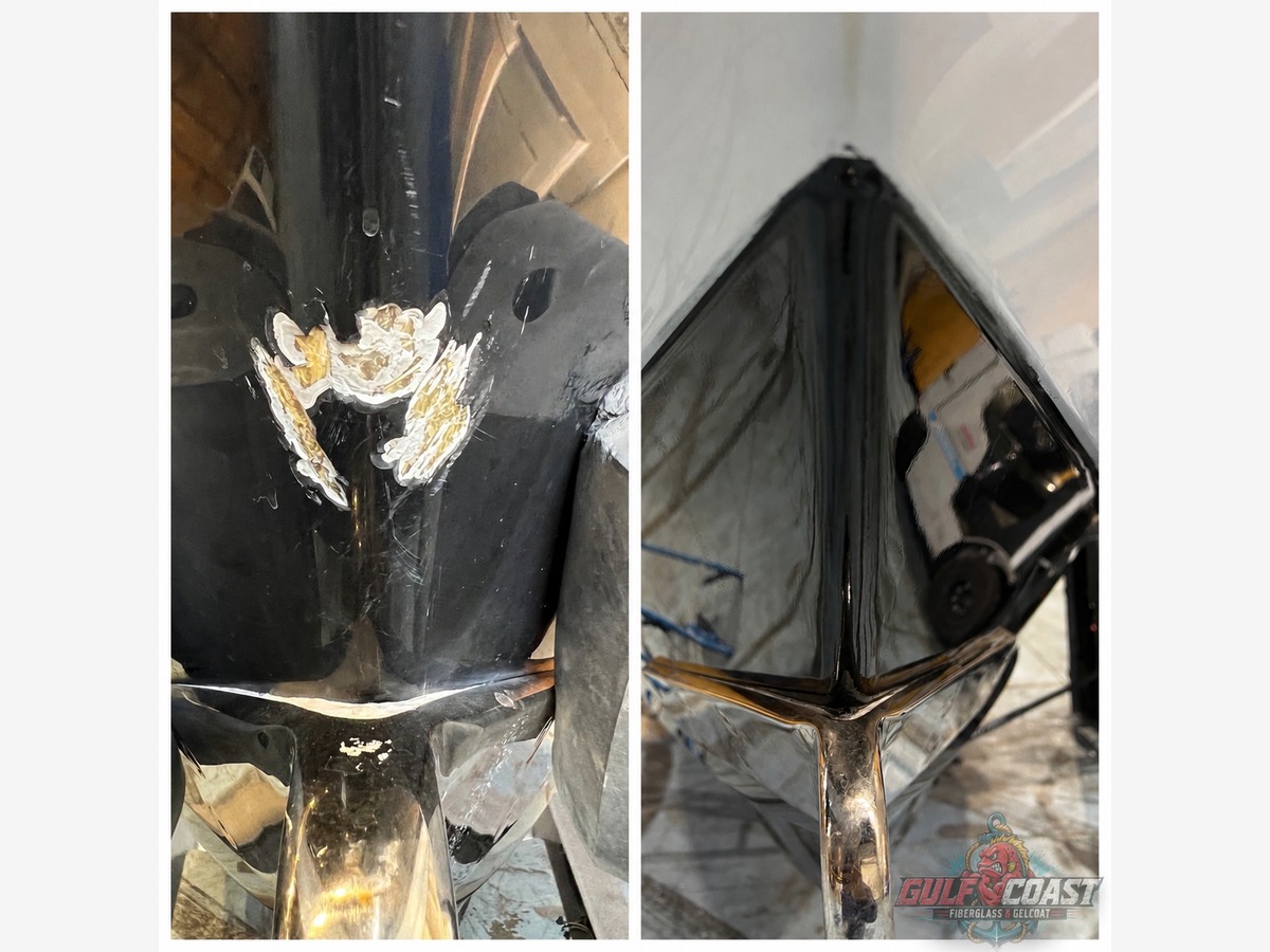 Black boat fiberglass impact damage and invisible gelcoat repair in Tampa